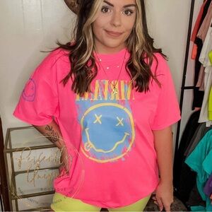 BRAND NEW Neon Pink Graphic Tee with Blue Smiley